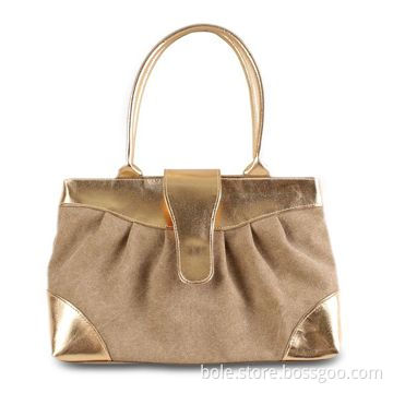 Canvas Handbag with Gold PU Wrapped Corner/Handle/Strap for Closure, OEM and ODM Orders are Welcome